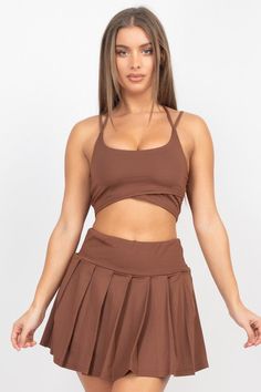 Chocolate Brown Overlapping Crop Top & Pleated Tennis Skirts Set Fitted Brown Tennis Skirt For Summer, Sport Set, Casual Shorts Men, Knife Pleat, Girls Dress Shoes, Pleated Tennis Skirt, Denim Shirt Men, Tennis Skirts, Boys Swimwear