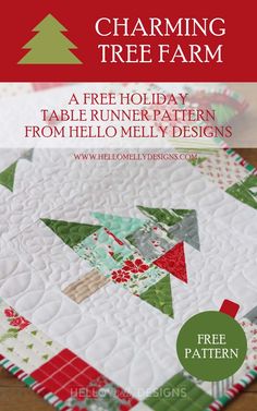 a christmas tree farm table runner pattern with text overlay