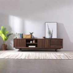 a living room with white walls and a wooden entertainment center next to a potted plant