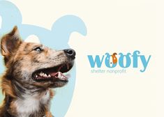 a dog with it's mouth open and the word wooffy written in blue