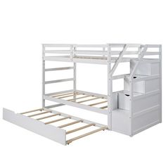 a white bunk bed with stairs and drawers on the bottom level, in front of a white background