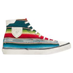 Saint Laurent Mens 'Mexican Jacquard' Bedford High Top Sneakers These multicoloured Saint Laurent Beford striped cotton high top sneakers feature a round toe, lace-up front, multicolored stripes, a logo patch at the side and a distressed rubber sole. Designed with a cotton canvas upper, these Saint Laurent trainers will do wonders for your self-esteem, after all, according to Terry Jones: ‘fashion is about change. It has to do with illusion, contributing to our wellbeing, feeding our insecuritie Terry Jones, Saint Laurent Jeans, White Leather Sandals, Striped Sneakers, Couture Mode, Leather High Tops, Saint Laurent Shoes, Vans High Top Sneaker, Vans Sk8