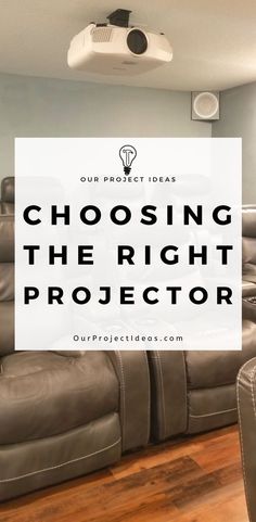 the words choosing the right projector in front of an image of a couch and recliner