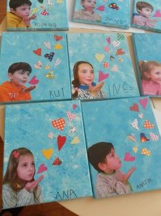 several pictures of children with hearts and butterflies on them are arranged in the shape of squares