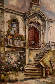 an oil painting of a building with stairs and flowers