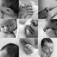 a collage of photos showing different stages of sleeping baby's head and hands