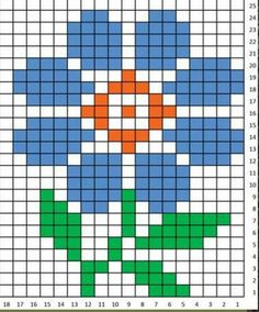 a cross stitch pattern with an orange and blue flower in the center, on a white background