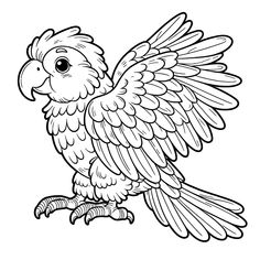 a black and white drawing of a bird with wings spread out, sitting on the ground