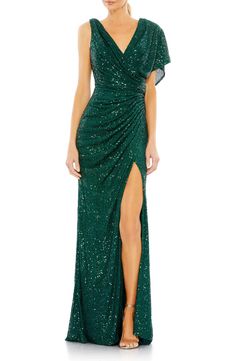 Ieena for Mac Duggal Sequin Asymmetric Trumpet Gown | Nordstrom Vestidos Color Coral, Mac Duggal Dresses, Trumpet Gown, Sequin Gown, Green Style, Mac Duggal, Mesh Overlay, Green Dark, Long Gown