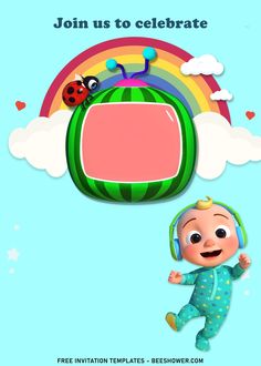 a baby in pajamas is flying through the air with a rainbow and ladybug on it