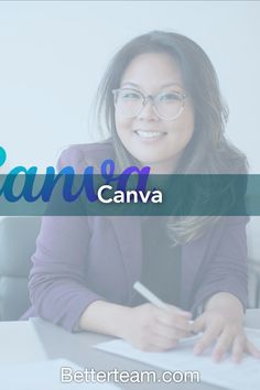 a woman sitting at a desk in front of a laptop computer with the caption canva