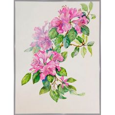 a painting of pink flowers with green leaves