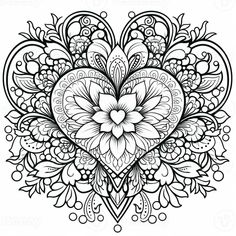 a black and white drawing of a heart with flowers in the shape of a flower