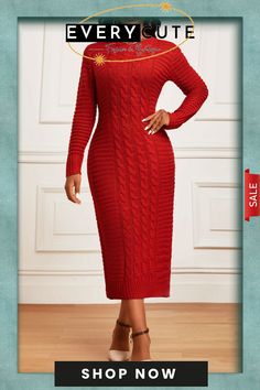 Red Long Sleeve Round Neck Bodycon Dress Winter Non-stretch Solid Color Bodycon Dress, Non-stretch Solid Color Winter Bodycon Dress, Red Non-stretch Winter Dress, Solid Sheath Bodycon Winter Dress, Red Stretch Bodycon Dress For Winter, Red Stretch Bodycon Winter Dress, Fitted Red Sweater Dress For Winter, Red Bodycon Dress For Winter, Red Knee-length Bodycon Dress For Winter