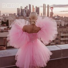 Fluffy Tulle Cute Women Formal Occasion Dresses Knee Length Prom Gown Pink Girls Short Prom Party Pink Prom Gown, Pink A Line Dress, Tulle Tutu Dress, Plisse Dress, Dress With Puffy Sleeves, Formal Occasion Dress, A Line Cocktail Dress, Dress Sleeves, Flower Fabric