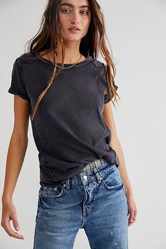 A tried and true essential, this timeless tee is featured in a forever staple silhouette with raw seaming throughout and cuffed sleeves for added dimension. * Scoop neckline * Rounded bottom hem * Worn features throughout | We The Free Wild Tee at Free People in Black, Size: XS Scoop Neck Tee, Tried And True, Casual Top, Black Fits, Boho Clothing, Cotton Style, Tee Shop, Favorite Jeans, Black Shorts