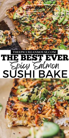 This spicy salmon sushi bake has all the flavors of sushi baked into one pan.  Layers of sushi rice, seaweed, and a delicious creamy salmon mixture broiled to perfection and served with sheets of nori, ripe avocado and spicy mayo. Sushi Bake Bowl, Sweet Egg Sushi, Healthy Summer Dinner Recipes Gluten Free, Healthy Salmon Sushi Bake, Salmon Recipes With Avocado, Shrimp And Salmon Recipes Dinners, Salmon Dinner Recipes For Two, Crispy Salmon Sushi Bowl, Keto Sushi Recipes