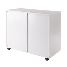 a white cabinet with two doors on wheels