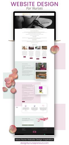 an image of a website design with pink flowers and petals on the bottom right corner