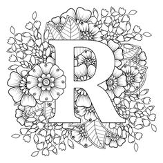 the letter r is surrounded by flowers and leaves in black and white coloring book pages