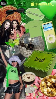 a collage of photos with various items in green and gold, including a disco ball