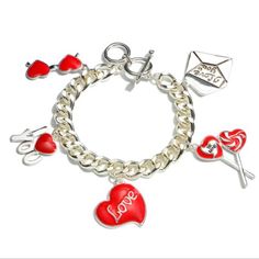 Curb Chain Valentine Statement Charm Bracelet Toggle Bar Clasp Valentine's Day Alloy Bracelet, Silver Heart-shaped Alloy Bracelets, Valentine's Day Alloy Chain Jewelry, Trendy Valentine's Day Bracelet Jewelry, Adjustable Metal Charm Bracelet For Valentine's Day, Trendy Alloy Jewelry For Valentine's Day, Alloy Chain Bracelet, Red Alloy Jewelry For Party, Trendy Silver Charm Bracelet With Lobster Clasp