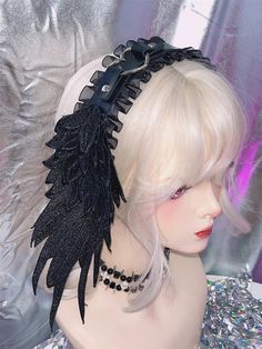 Embrace your inner dark angel with this Y2K-inspired hair accessory. Featuring delicate angel wings and a heart design, this KC is perfect for cosplay or adding a touch of anime flair to your everyday look. Gothic Hair Accessories For Halloween Cosplay, Gothic Halloween Hair Accessories For Cosplay, Black Gothic Headband For Cosplay, Gothic Black Headband For Cosplay, Punk Black Hair Accessories For Halloween, Halloween Punk Black Hair Accessories, Black Fantasy Cosplay Headband, Black Harajuku Headband For Party, Black Harajuku Style Party Headband