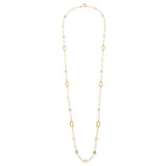 Make waves with the Symi necklace from the Calypso collection, inspired by the greek goddess of the sea. Plated in 24k gold, this long chain necklace features Majorca pearls and semi-precious stones in sun-kissed hues. With a toggle fastening and a length of 39'', this necklace is ready for a sunset picnic or a day in the sand. This necklace is carefully made to order in our NYC Design Studio. Elegant Long Necklace With Natural Stones, Elegant Gold Long Necklace With Natural Stones, Elegant Long Gold Necklace With Natural Stones, Elegant Gold Long Necklace With Gemstone, Gold Pearl Necklace With Natural Stones, Gold Long Necklace With Natural Stones, Gold Long Necklace With Gemstone Beads, Sunset Picnic, Goddess Of The Sea