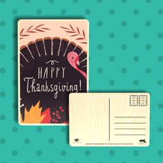 a thanksgiving card with a turkey on it and a happy thanksgiving postcard next to it