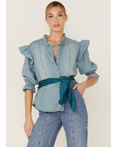 Free People Women's Louise Denim Top, Blue