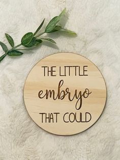 a wooden sign that says the little embroo that could on it next to a plant