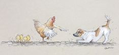 a drawing of a dog chasing after a chicken on the ground with another dog nearby