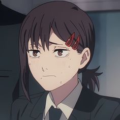 an anime character with black hair and brown eyes looks at the camera while wearing a tie