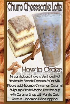 an advertisement for starbucks coffee latte with cinnamon sticks and cake in the foreground