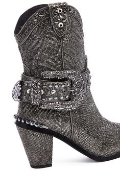 cuz you don't commit any fashion felonies! Be above the law in these blingin' rhinestone cowboy boots that have pointed toes, side zip closures, and detachable studded buckle straps. Western Boots With Rhinestone Rivets For Fall, Western Boots With Rhinestones And Pointed Toe, Western Party Boots With Rhinestone Rivets, Western Pointed Toe Boots With Rhinestone Rivets, Western Boots With Rhinestone Rivets For Winter, Western Winter Boots With Rhinestone Rivets, Western Boots With Rhinestone Fringe For Fall, Western Rhinestone Fringe Boots For Fall, Trendy Rhinestone Boots For Fall