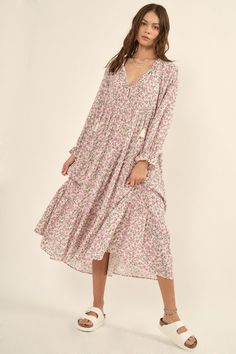 Pink floral print boho long sleeve tiered midi dress Spring Pink V-neck Tiered Dress, Flowy Feminine Tiered Dress With Floral Print, Feminine Flowy Tiered Dress With Floral Print, Feminine Flowy Floral Print Tiered Dress, Pink Floral Print Tiered Dress For Summer, Feminine Pink Tiered Vacation Dress, Feminine Pink Tiered Dress For Vacation, Pink Tiered Spring Vacation Dress, Spring Vacation Pink Tiered Dress