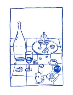 a drawing of food and wine on a table