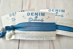 two blue and white hair ties on top of each other with the words denim and diamonds