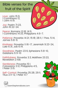 the bible verses for the fruit of the spirit with a potted strawberry on it