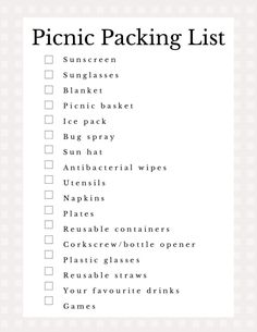 the picnic packing list is shown in black and white