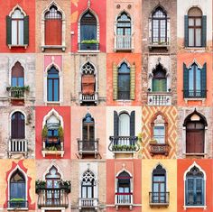 many windows and balconies on the side of an old building in venice, italy