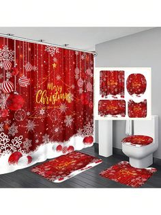 a bathroom decorated in red and white with christmas decorations on the shower curtain, toilet and rugs