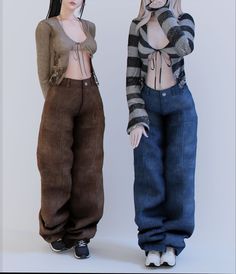 two dolls standing next to each other with their hands on their hipss and looking at the camera