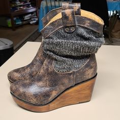 Bed Stu Brugus Wedge Booties. Rustic Bronze Lux Leather With Slouched Heather Grey Fabric Upper, Pull Tabs And Round Toe. Size 9, Brand New With Tags But Was Dropped And Heel Was Scratched Pictured Above Otherwise In Excellent Condition. Woman Bedding, Bed Stu, Heels & Wedges, New Wardrobe, Boot Sandals, Grey Fabric, Sneaker Boots, Cute Shoes, Ankle Booties