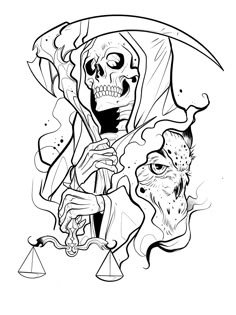 a black and white drawing of a skeleton holding an hourglass