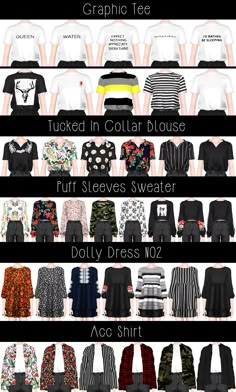 the different types of clothing are shown in this graphic style, including black and white