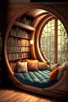 an image of a room with bookshelves and couches in the window sill