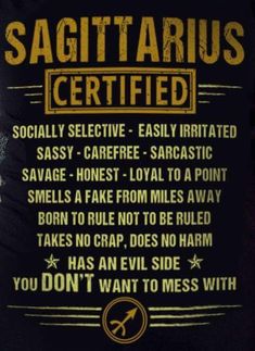 the sagittarius certified t - shirt is black with gold lettering on it