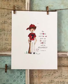 a card with a drawing of a girl holding a baseball bat on top of sheet music