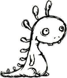 a black and white drawing of a cartoon dinosaur with eyes wide open, sitting on the ground